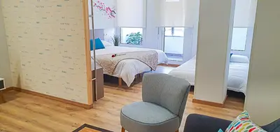a bedroom with a bed and a chair and a mirror at Apartamentos Antares 2 in Milladoiro