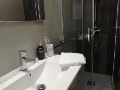 a bathroom with a white sink and a shower at Alojamiento Buenos Aires in Ourense