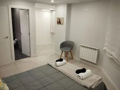 a room with a bed and a chair and a mirror at Alojamiento Buenos Aires in Ourense