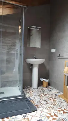 a bathroom with a sink and a shower at La Posada del Druida in Foncebadón