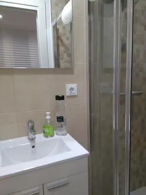 a bathroom with a sink and a shower at Torre Center II in Santiago de Compostela