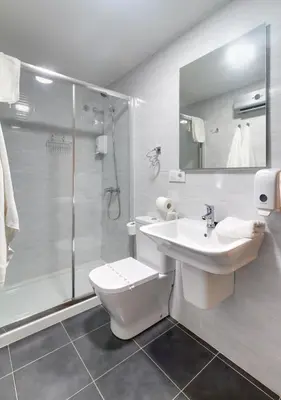 a bathroom with a toilet and a sink and a shower at Duerming Family Viveiro 3 Rooms in Viveiro