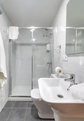 a bathroom with a shower and a sink and a toilet at Duerming Family Viveiro 3 Rooms in Viveiro