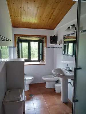 a bathroom with two sinks and a toilet and a sink at Casa O Castelo en Touro in Touro