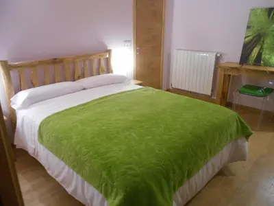 a bedroom with a bed with a green blanket on it at XARDÍN DE ESTRELAS *** in Sarria