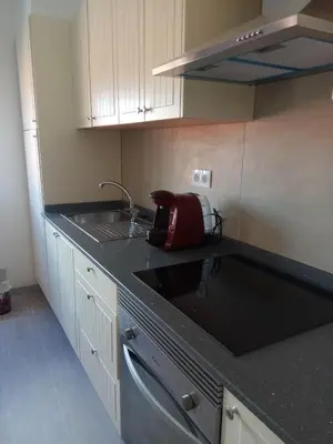 a kitchen with a sink and a red appliance on the counter at APARTAMENTO EN EL CENTRO DE LALIN in Lalín