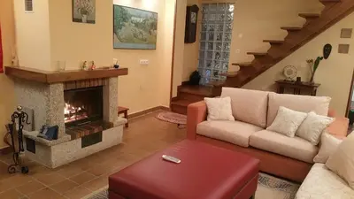 a living room with a couch and a fireplace at A CASA DO BUXO in Nogueira de Ramuin