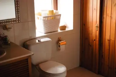a bathroom with a toilet and a sink and a window at FINCA SALVADOR in Baralla
