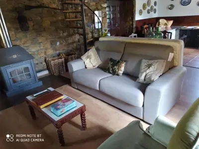 a living room with a couch and a wood stove at FINCA SALVADOR in Baralla