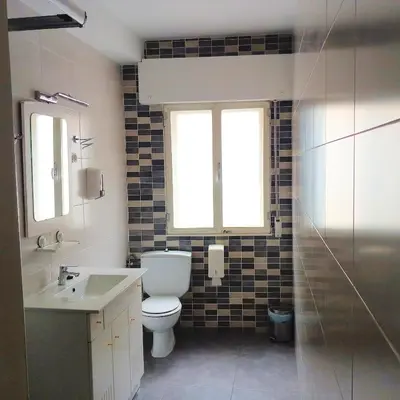 a bathroom with a toilet and a sink and a shower at Pensión Fornos in Caldas de Reis