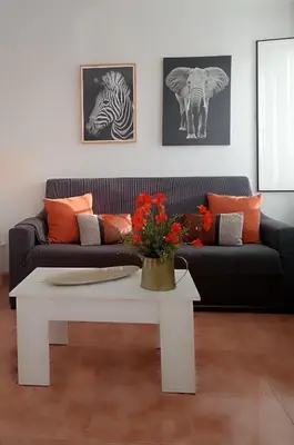 a living room with a black couch and a white coffee table at Apartamentos CASA AMELIA in Padrón