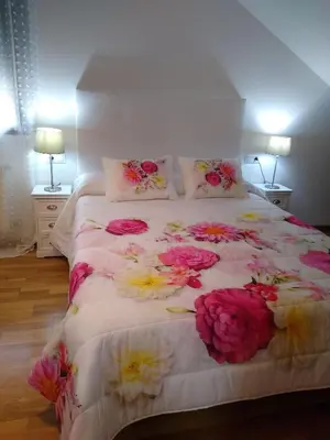 a bedroom with a bed with flowers on it at En plena Ribera Sacra CasaCocó in Ferreira de Panton