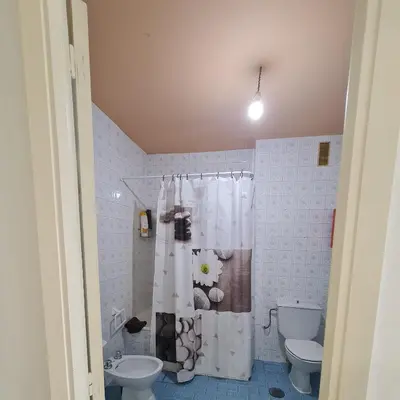 a bathroom with a toilet and a shower curtain at Apartamentos O Cargadeiro Ribadeo in Ribadeo