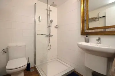 a bathroom with a shower and a toilet and a sink at Casa Santa María in Melide