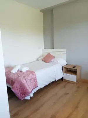 a bedroom with a white bed and a wooden floor at Pension Xacobeo Lavacolla in Lavacolla
