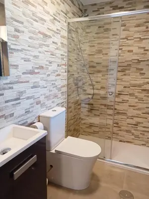 a bathroom with a toilet and a shower and a sink at Pension Xacobeo Lavacolla in Lavacolla