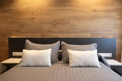 a bedroom with a bed with two pillows at Hostal O'Cruceiro in O Pino