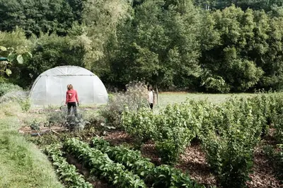 two people standing in a garden near a greenhouse at Torre Tanquián Eco Finca - Ribeira Sacra in Pantón
