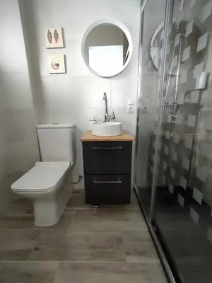 a bathroom with a toilet and a sink and a mirror at Casa Luis in Arzúa