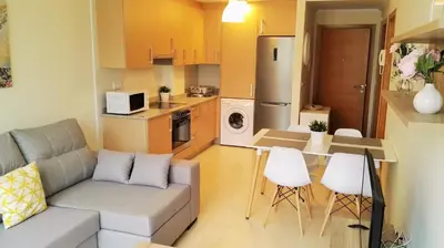 a living room with a couch and a table and a kitchen at Apartagal-San Miguel Barreiros in Barreiros