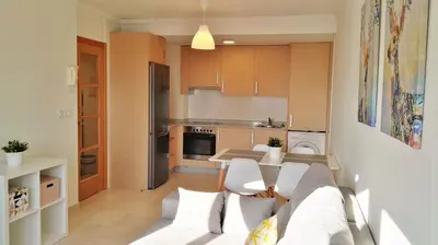 a living room with a couch and a kitchen at Apartagal-San Miguel Barreiros in Barreiros