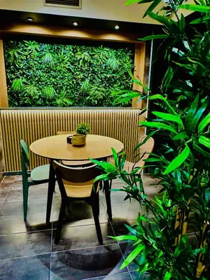 a table and chairs in front of a wall with plants at HOTEL LOTUS in Caldas de Reis