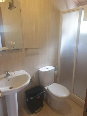 a bathroom with a white toilet and a sink at Hostal Cruce in Villafranca del Bierzo