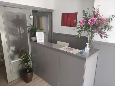 a reception desk with flowers on top of it at Hostal Cruce in Villafranca del Bierzo