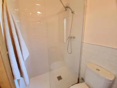 a bathroom with a shower and a white toilet at Casa Carreira Bierzo in Ponferrada