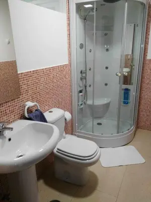a bathroom with a shower and a toilet and a sink at Casa Carreira Bierzo in Ponferrada
