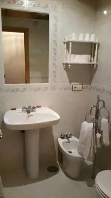 a bathroom with a sink and a toilet and a mirror at Hostal La Parra in Vegadeo