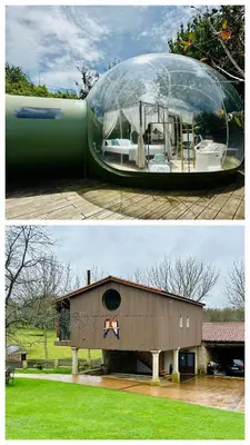 two pictures of a building and a bottle house at REMANSO DE TRASFONTAO Casa das Árbores & Bubble in Silleda