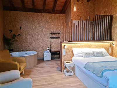 a bedroom with a bed and a bath tub at REMANSO DE TRASFONTAO Casa das Árbores & Bubble in Silleda