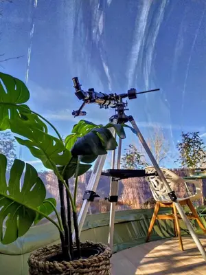a camera on a tripod next to a plant at REMANSO DE TRASFONTAO Casa das Árbores & Bubble in Silleda