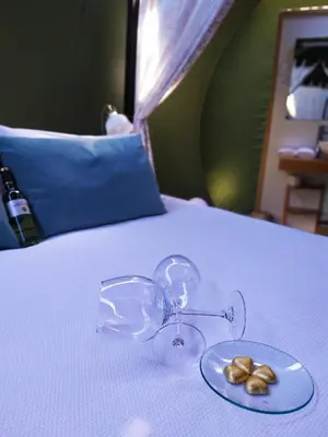 a plate of food sitting on a bed with a glass apparatus at REMANSO DE TRASFONTAO Casa das Árbores & Bubble in Silleda