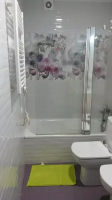 a bathroom with a shower and a toilet and a green rug at Apartamento con vistas a la catedral in Santiago de Compostela