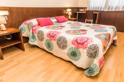 a bedroom with a large bed with pink pillows at Hostal Nirvana in Ponferrada