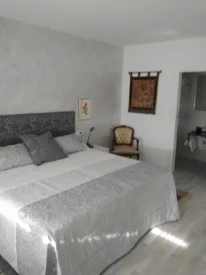 a bedroom with a large bed and a chair at Hotel Vilaseco in Chantada
