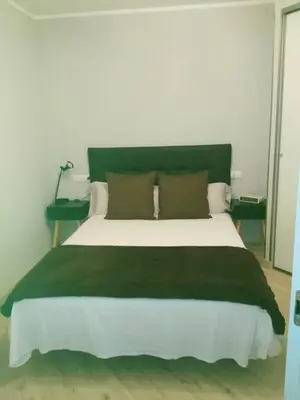 a bedroom with a large bed with a green headboard at La Guariza in Villablino