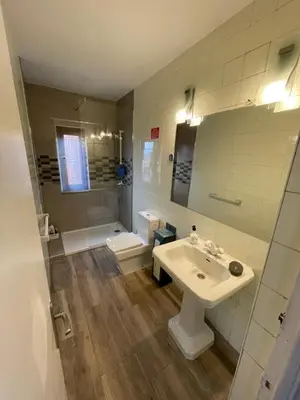 a bathroom with a sink and a shower and a toilet at Chalet xeitosiño in Astorga