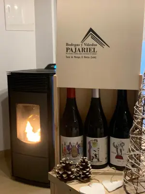 a couple of bottles of wine next to a stove at La casa de Lucas y Alex in Ponferrada