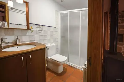 a bathroom with a shower and a toilet and a sink at O Canto da Terra in Pantón