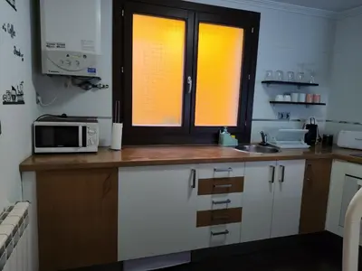 a kitchen with a counter with a microwave and a window at Vivenda turística CENTRO HISTÓRICO in Allariz
