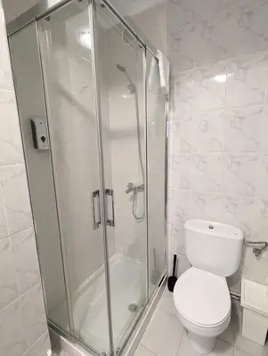 a bathroom with a shower and a white toilet at Apartamentos Turísticos Guillermo in Palas de Rei