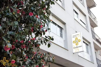 a sign on the side of a building next to a tree at Apartamentos Turísticos Guillermo in Palas de Rei
