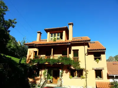 a large house with lights in front of it at Apartamentos Rurales Buenamadre in Pola de Somiedo