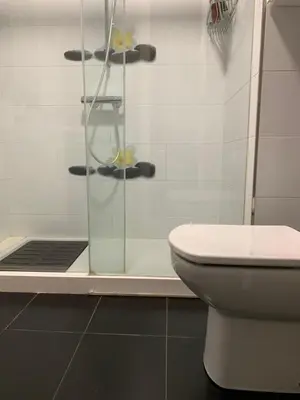 a bathroom with a glass shower with a toilet at Oktheway Praza Galicia in Sarria