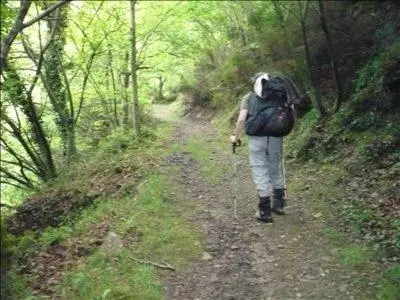 a man with a backpack walking down a dirt trail at Hotel Nueva Allandesa in Pola de Allande