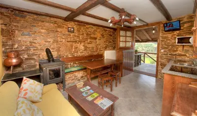 a living room with a stone wall and a stove at Apartamentos A Casa Nova in A Pontenova