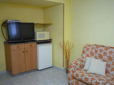 a living room with a tv and a couch and a microwave at Hostal Residencia Ponte Vella in Lugo